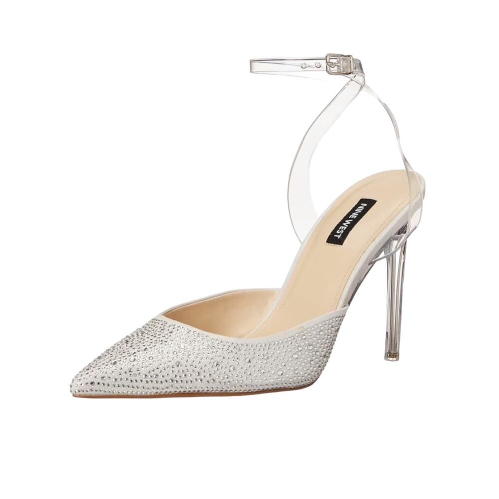 Nine West Womens Sparkle Embellished Ankle Strap Stiletto Pumps Clear Size 6 1/2
